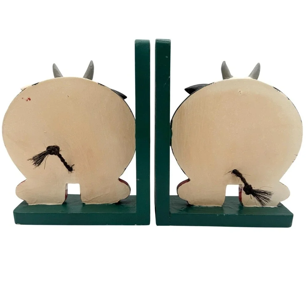 Vintage Folk Art Cow Bookends Handpainted Wood Lady Cows Pair Cottage Kitchen
